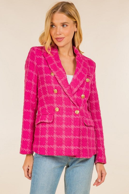 PLAID TEXTURED DOUBLE BREASTED BLAZER