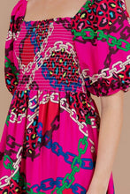 Load image into Gallery viewer, CHAIN PRINT SHORT BUBBLE SLEEVE SMOCKED DRESS
