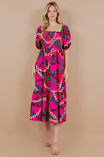 Load image into Gallery viewer, CHAIN PRINT SHORT BUBBLE SLEEVE SMOCKED DRESS
