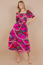 Load image into Gallery viewer, CHAIN PRINT SHORT BUBBLE SLEEVE SMOCKED DRESS
