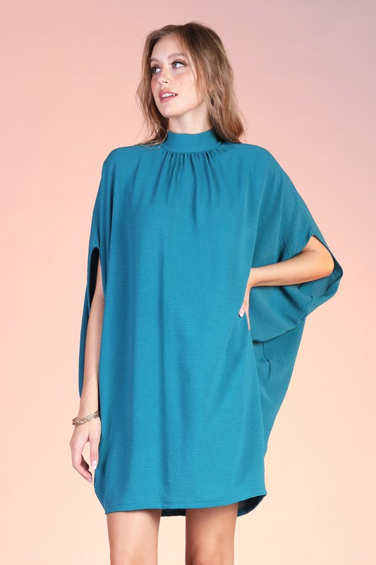 Matte Crepe Mock Neck Caftan Shift Dress