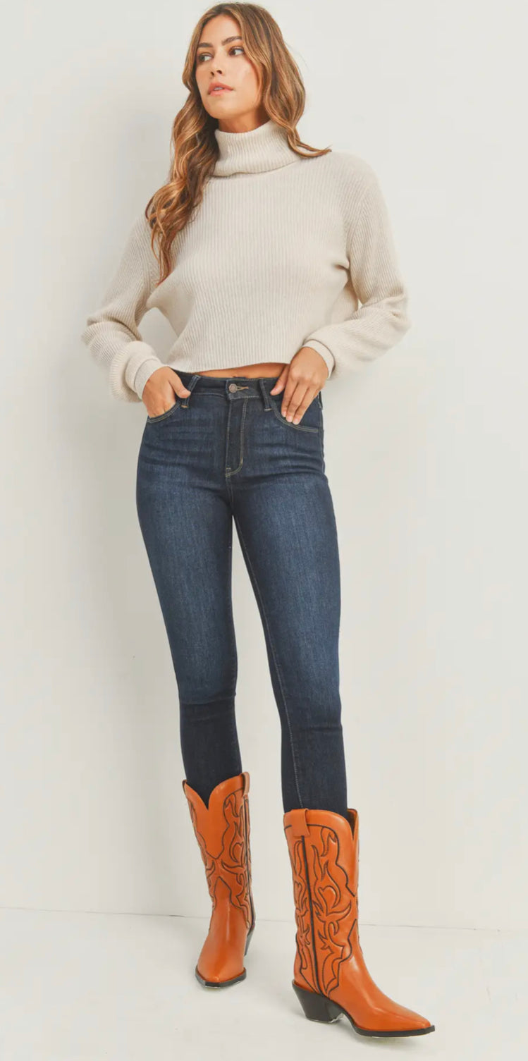 Dark Blue Denim Skinny Jeans with Blow Dry Ankle Flare